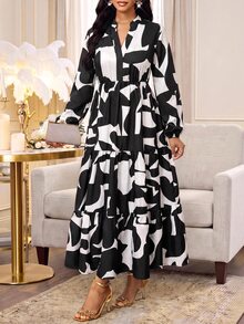 Fleurora Women's Vacation Print Colorblock Long Sleeve Elegant Modest Dress Party Brunch Night Dinner Church Dress Black And White Autumn Going Out Dress - Black and White - View 5