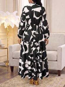 Fleurora Women's Vacation Print Colorblock Long Sleeve Elegant Modest Dress Party Brunch Night Dinner Church Dress Black And White Autumn Going Out Dress - Black and White - View 2
