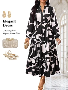 Fleurora Women's Vacation Print Colorblock Long Sleeve Elegant Modest Dress Party Brunch Night Dinner Church Dress Black And White Autumn Going Out Dress - Black and White - View 6