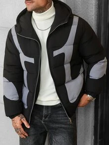 Manfinity CasualCool 男士長袖保暖拉鍊連帽冬季填充外套，黑色街頭風 Y2K 版 - 彩色 - 查看 3
