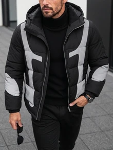 Manfinity CasualCool 男士長袖保暖拉鍊連帽冬季填充外套，黑色街頭風 Y2K 版 - 彩色 - 查看 7