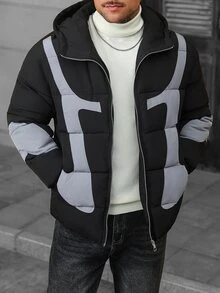 Manfinity CasualCool 男士長袖保暖拉鍊連帽冬季填充外套，黑色街頭風 Y2K 版 - 彩色 - 查看 5