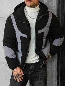 Manfinity CasualCool 男士長袖保暖拉鍊連帽冬季填充外套，黑色街頭風 Y2K 版 - 彩色 - 查看 4