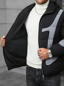 Manfinity CasualCool 男士長袖保暖拉鍊連帽冬季填充外套，黑色街頭風 Y2K 版 - 彩色 - 查看 8
