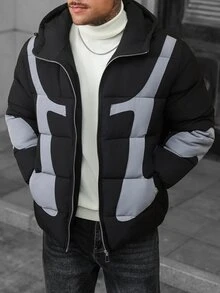 Manfinity CasualCool 男士長袖保暖拉鍊連帽冬季填充外套，黑色街頭風 Y2K 版 - 彩色 - 查看 6