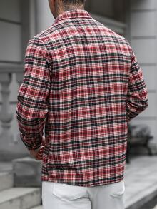 Manfinity Homme 男士休閒格紋雙前襟長袖襯衫，百搭日常穿著，適合送給男友或丈夫的理想禮物，秋季與聖誕風格 - 彩色 - 查看 2