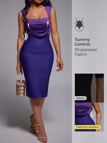 Nuvra Patchwork Fabric Fashion Square Neck Slim Fit Commuter Dress - Violet Purple - View 3