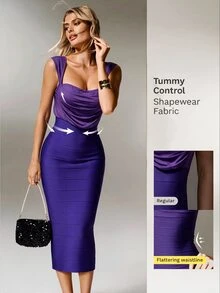 Nuvra Patchwork Fabric Fashion Square Neck Slim Fit Commuter Dress - Violet Purple - View 1