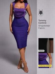 Nuvra Patchwork Fabric Fashion Square Neck Slim Fit Commuter Dress - Violet Purple - View 5