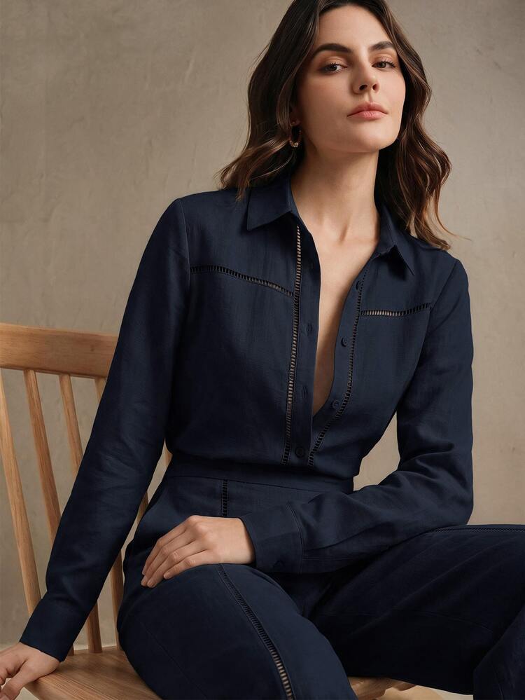 Anewsta Essential Minimalist Casual Linen Lace Hollow Patchwork Long Sleeve Loose Comfortable Commute Elegant Women's Blouse - Navy Blue - View 5