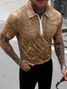 Manfinity Homme 男士印花 1/4 拉鍊設計短袖時尚 Polo 衫 - 咖啡棕 - 查看 3