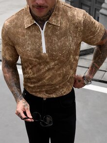 Manfinity Homme 男士印花 1/4 拉鍊設計短袖時尚 Polo 衫 - 咖啡棕 - 查看 2