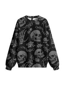 ROMWE Goth Sudadera tipo pulóver de terror gótico con bosque de calaveras oscuras, talla grande - Negro - Ver 1