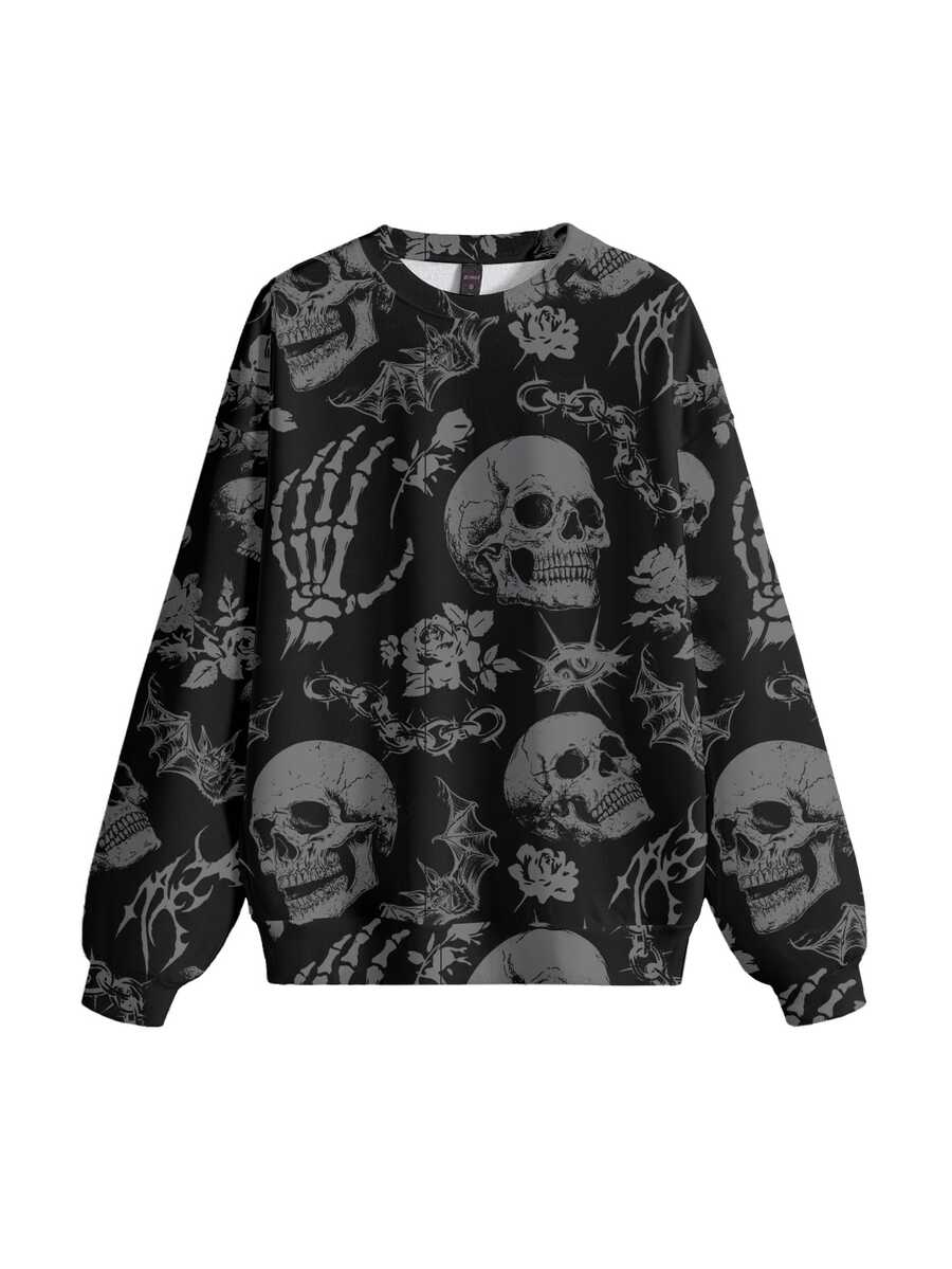 ROMWE Goth Sudadera tipo pulóver de terror gótico con bosque de calaveras oscuras, talla grande - Negro - Ver 1