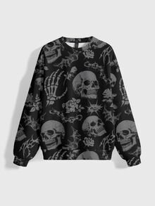 ROMWE Goth Sudadera tipo pulóver de terror gótico con bosque de calaveras oscuras, talla grande - Negro - Ver 5