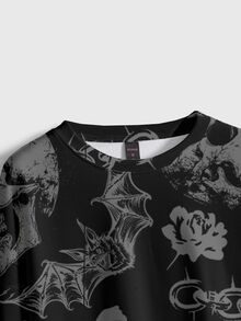 ROMWE Goth Sudadera tipo pulóver de terror gótico con bosque de calaveras oscuras, talla grande - Negro - Ver 4