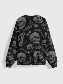 ROMWE Goth Sudadera tipo pulóver de terror gótico con bosque de calaveras oscuras, talla grande - Negro - Ver 2