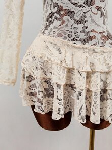 Mistrie Gaun Wanita Seksi Romantis Elegan Berenda dengan Kancing Katak dan Hiasan Renda, Lengan Panjang, dan Hem Bergelombang, Cocok untuk Pernikahan, Kencan Malam, Pesta, dan Acara Musim Gugur dengan Motif Bunga Putih. - Aprikot - View 10