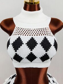 Mistrie Setelan 2 Potong Atasan Rajut Motif Geometris dan Rok Mini untuk Wanita - Hitam dan Putih - View 11