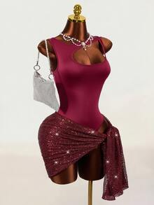 Mistrie Summer Women's Sexy Round-Neck Sleeveless Asymmetrical Open Design, One-Piece Dress + Sequined Midi Skirt Two Pieces Set, Party Club Burgundy - Burgundy - View 3