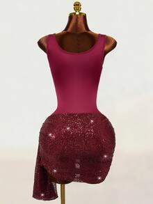 Mistrie Summer Women's Sexy Round-Neck Sleeveless Asymmetrical Open Design, One-Piece Dress + Sequined Midi Skirt Two Pieces Set, Party Club Burgundy - Burgundy - View 8