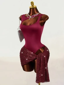 Mistrie Summer Women's Sexy Round-Neck Sleeveless Asymmetrical Open Design, One-Piece Dress + Sequined Midi Skirt Two Pieces Set, Party Club Burgundy - Burgundy - View 7