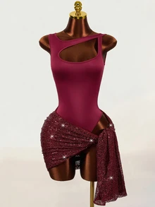 Mistrie Summer Women's Sexy Round-Neck Sleeveless Asymmetrical Open Design, One-Piece Dress + Sequined Midi Skirt Two Pieces Set, Party Club Burgundy - Burgundy - View 9