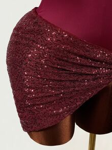 Mistrie Summer Women's Sexy Round-Neck Sleeveless Asymmetrical Open Design, One-Piece Dress + Sequined Midi Skirt Two Pieces Set, Party Club Burgundy - Burgundy - View 6