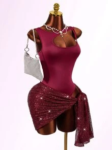 Mistrie Summer Women's Sexy Round-Neck Sleeveless Asymmetrical Open Design, One-Piece Dress + Sequined Midi Skirt Two Pieces Set, Party Club Burgundy - Burgundy - View 1