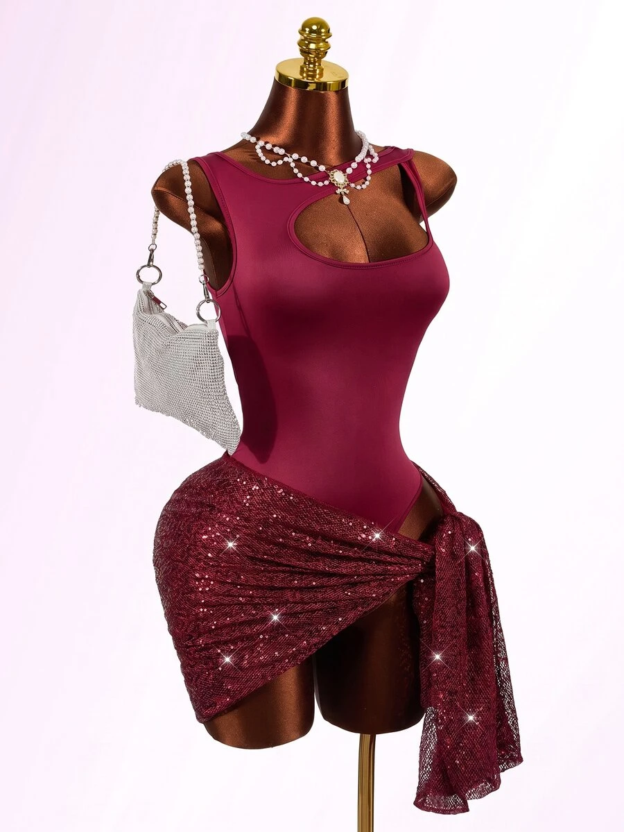 Mistrie Summer Women's Sexy Round-Neck Sleeveless Asymmetrical Open Design, One-Piece Dress + Sequined Midi Skirt Two Pieces Set, Party Club Burgundy - Burgundy - View 1