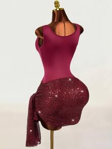 Mistrie Summer Women's Sexy Round-Neck Sleeveless Asymmetrical Open Design, One-Piece Dress + Sequined Midi Skirt Two Pieces Set, Party Club Burgundy - Burgundy - View 2