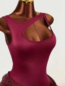 Mistrie Summer Women's Sexy Round-Neck Sleeveless Asymmetrical Open Design, One-Piece Dress + Sequined Midi Skirt Two Pieces Set, Party Club Burgundy - Burgundy - View 4
