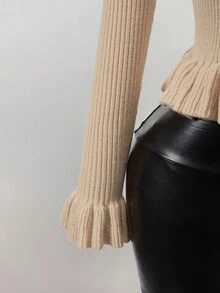 Mistrie Sweater Fashion Wanita Warna Polos dengan Kerah Ruffle dan Lengan Mengembang - Khaki - View 9