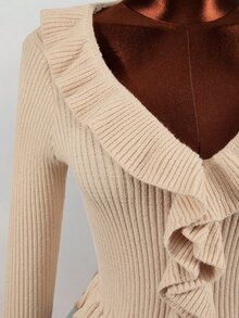 Mistrie Sweater Fashion Wanita Warna Polos dengan Kerah Ruffle dan Lengan Mengembang - Khaki - View 7