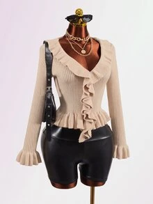 Mistrie Sweater Fashion Wanita Warna Polos dengan Kerah Ruffle dan Lengan Mengembang - Khaki - View 2