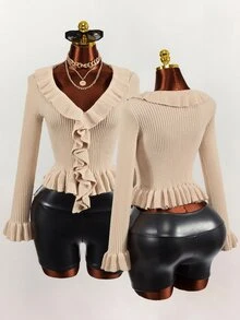 Mistrie Sweater Fashion Wanita Warna Polos dengan Kerah Ruffle dan Lengan Mengembang - Khaki - View 4