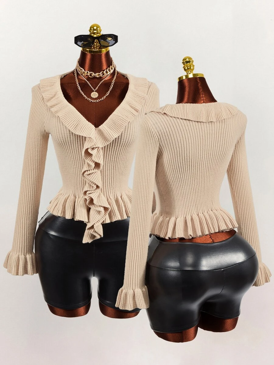 Mistrie Women's Solid Color Ruffle Collar Flare Sleeve Fashion Sweater