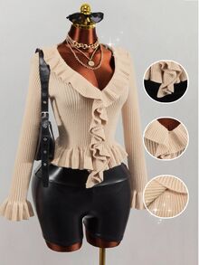 Mistrie Sweater Fashion Wanita Warna Polos dengan Kerah Ruffle dan Lengan Mengembang - Khaki - View 10