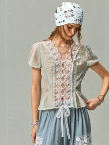 SoleilVie Women's Lace Patchwork Casual Versatile Daily Wear Blouse - Multicolor - View 5