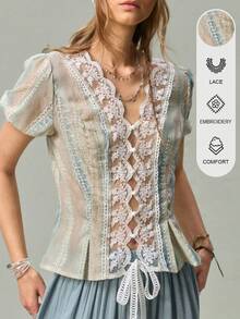 SoleilVie Women's Lace Patchwork Casual Versatile Daily Wear Blouse - Multicolor - View 2