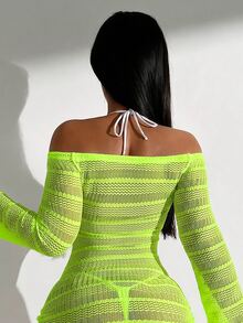 SHEIN X Sofía Suescun Swim SXY 女士荧光绿露肩长袖罩衫连衣裙，度假款 - 綠色 - 查看 2