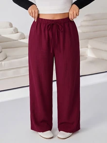 Solflare Plus Size Women Solid Color Waist Tie Wide Leg Loose Casual Pants Fall - Burgundy - View 3