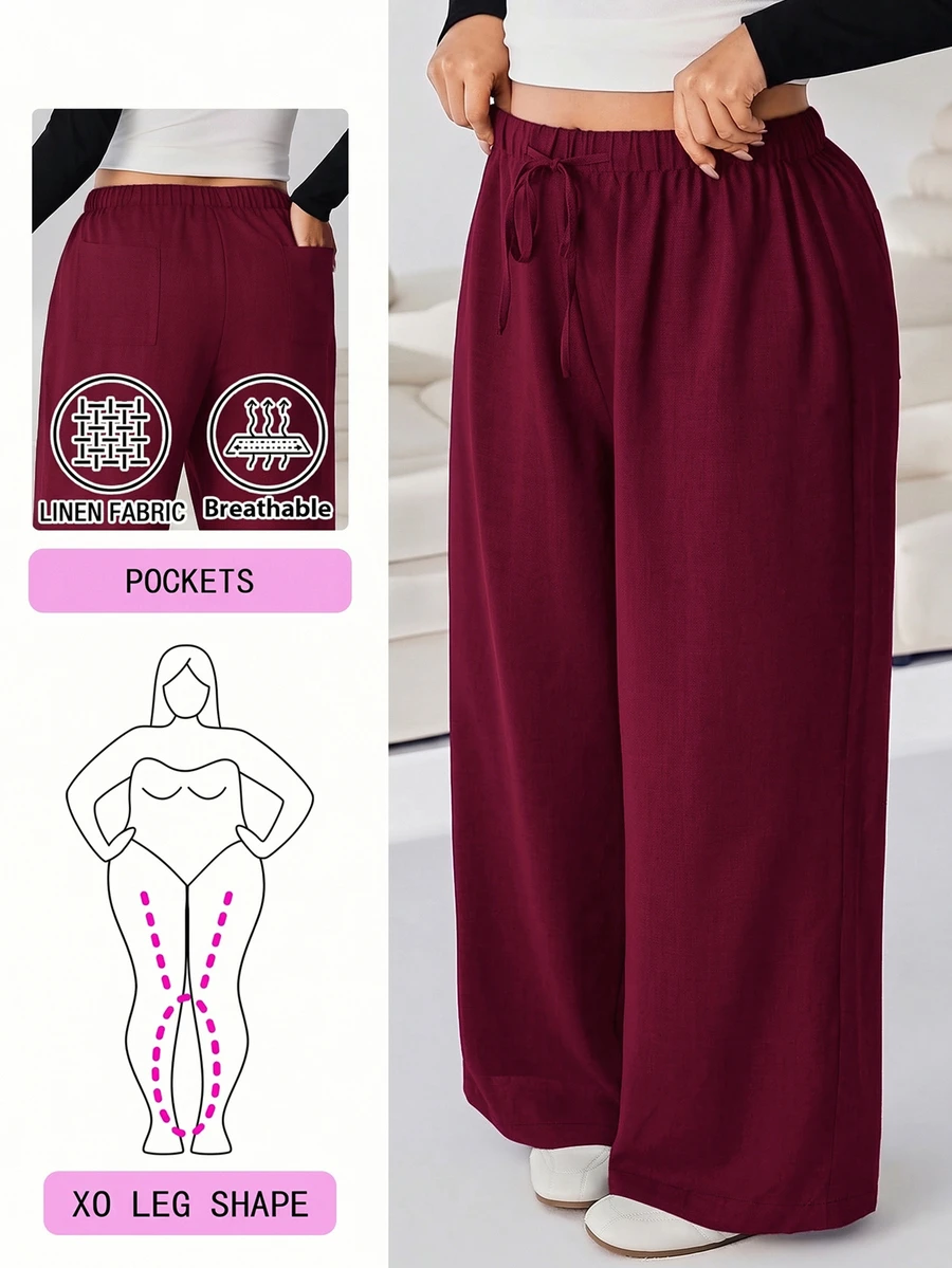 Solflare Plus Size Women Solid Color Waist Tie Wide Leg Loose Casual Pants Fall - Burgundy - View 1