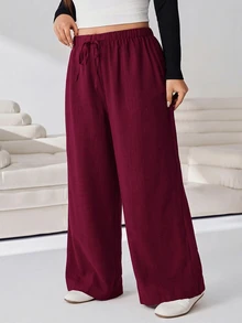 Solflare Plus Size Women Solid Color Waist Tie Wide Leg Loose Casual Pants Fall - Burgundy - View 6