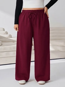 Solflare Plus Size Women Solid Color Waist Tie Wide Leg Loose Casual Pants Fall - Burgundy - View 4