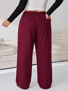 Solflare Plus Size Women Solid Color Waist Tie Wide Leg Loose Casual Pants Fall - Burgundy - View 2