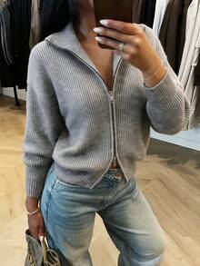 SHEIN New Fall Winter Luxury Casual Funnel Neck Knit Cardigan Women Two Way Zip Long Sleeve Drop Shoulder - Grey - View 8