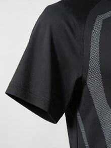 GymBeat Men's Striped Print Button Half-Placket Short Sleeve Sports Baggy Athletic Polo Shirt, Gym Workout Black Summer - Black - View 4