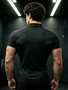 GymBeat Men's Striped Print Button Half-Placket Short Sleeve Sports Baggy Athletic Polo Shirt, Gym Workout Black Summer - Black - View 2