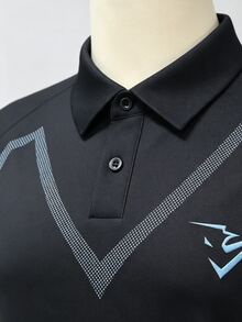GymBeat Men's Striped Print Button Half-Placket Short Sleeve Sports Baggy Athletic Polo Shirt, Gym Workout Black Summer - Black - View 3